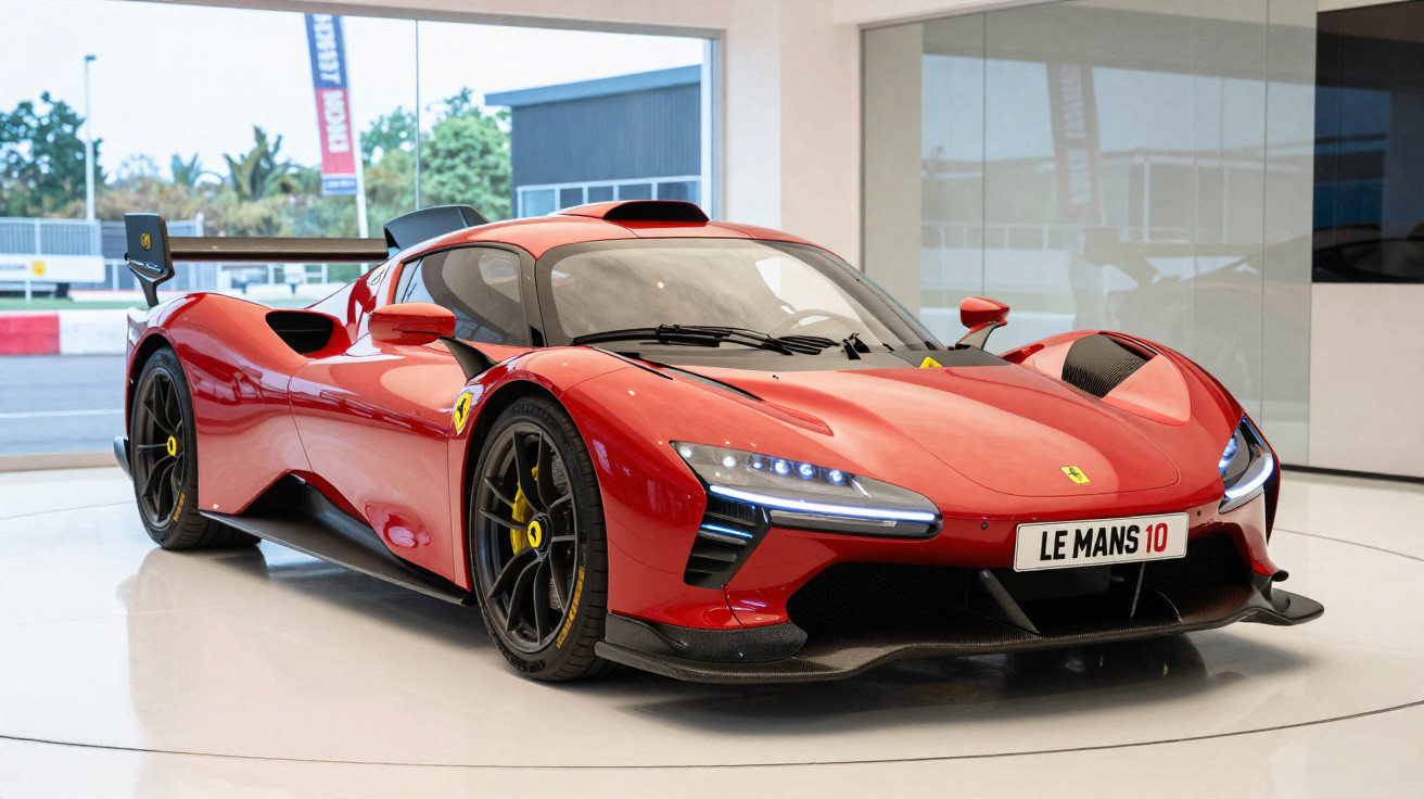 Carro esportivo Ferrari vermelho estacionado em showroom moderno com detalhes aerodinâmicos.