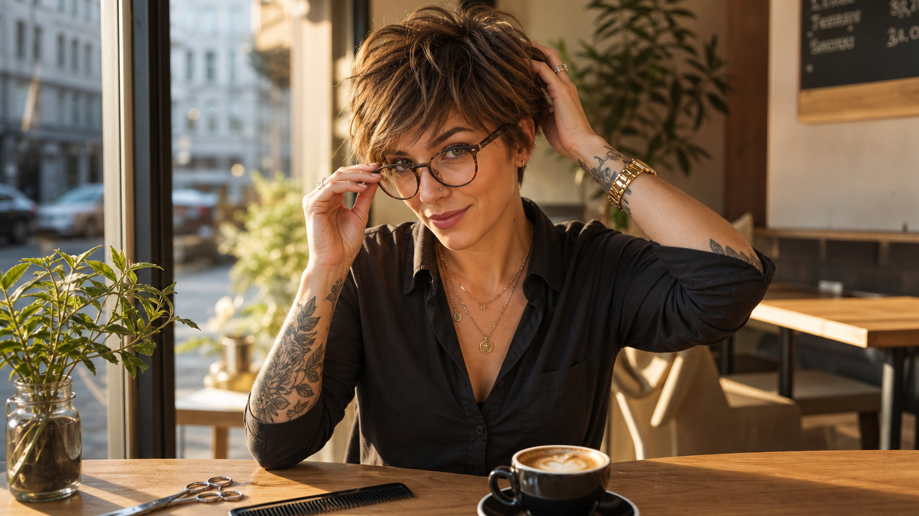 Mulher com cabelo curto e óculos ajusta armação em café, luz natural entra pela janela ao fundo.