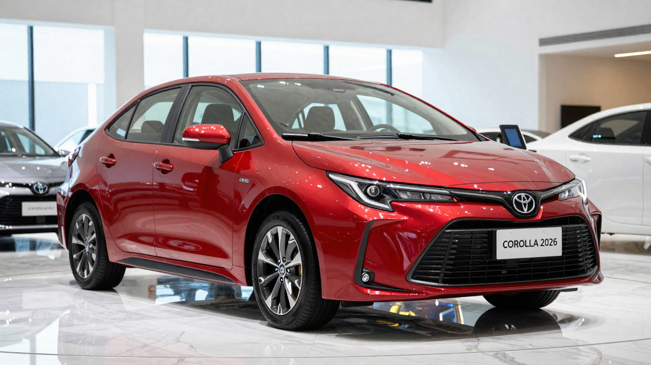 Carro Toyota Corolla 2026 vermelho exibido em showroom moderno com piso branco brilhante.