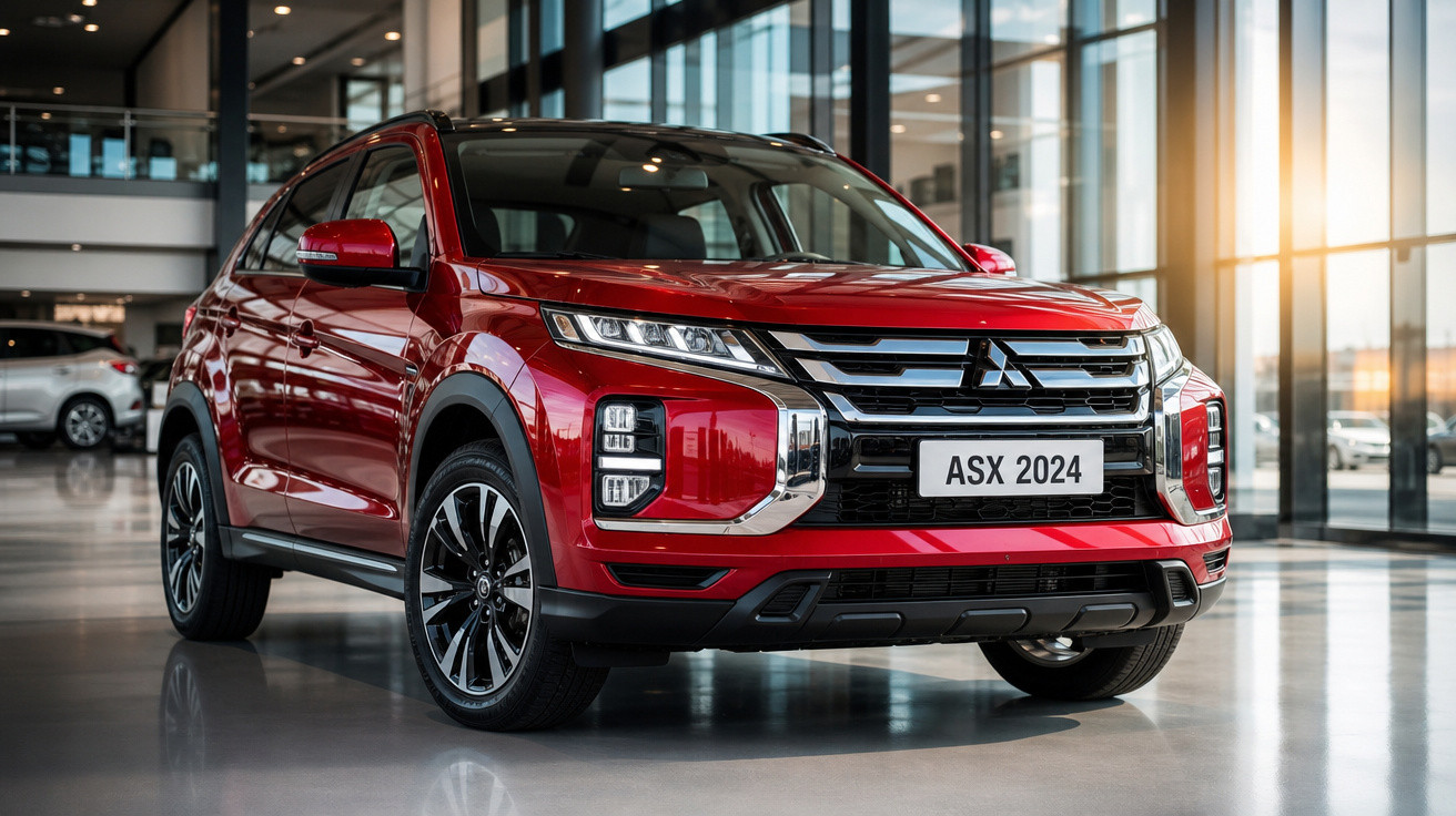 SUV vermelho Mitsubishi ASX 2024 exibido em showroom moderno com janelas grandes.