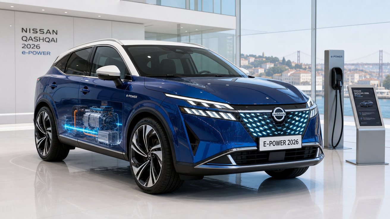 Carro elétrico Nissan Qashqai 2026 azul exposto em showroom moderno com painel transparente mostrando motor e tecnologia e-Po