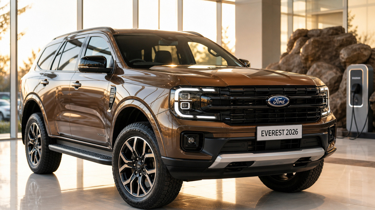 SUV Ford Everest 2026 marrom exibido em showroom com acabamento moderno e rodas robustas.