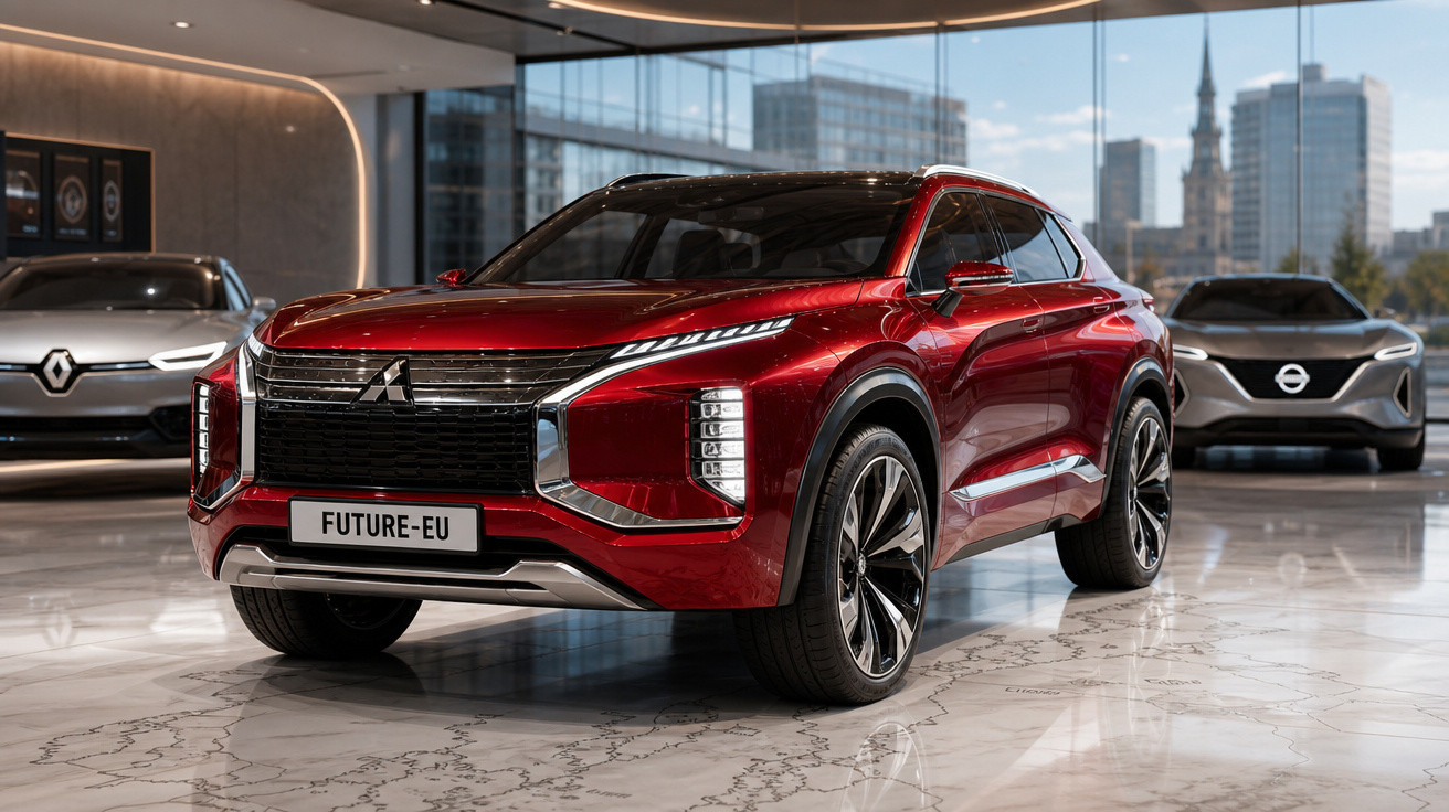 Carro vermelho Mitsubishi SUV conceito exibido em salão de automóveis moderno com dois carros ao fundo.