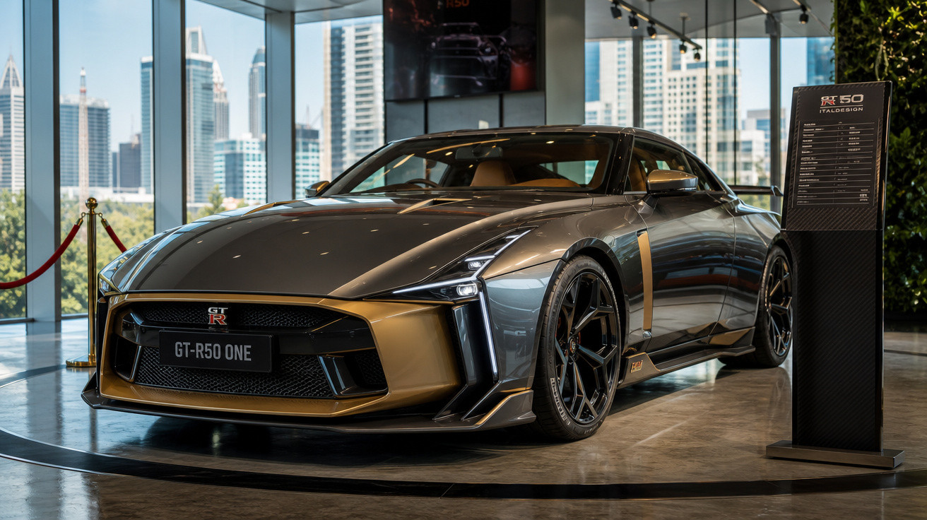 Carro esportivo Nissan GT-R50 One Edition cinza com detalhes dourados exposto em showroom moderno.