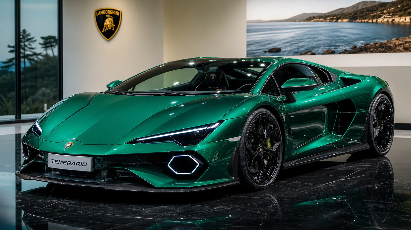 Carro esportivo Lamborghini verde metálico modelo Temerario em exposição interna com piso preto brilhante.