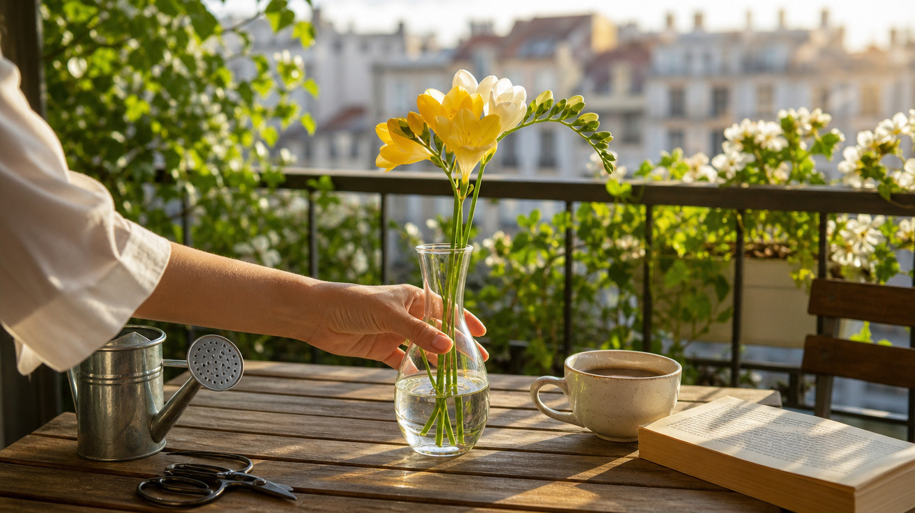 Mão colocando vaso com flores amarelas em mesa de madeira com xícara, livro e regador em varanda ensolarada.