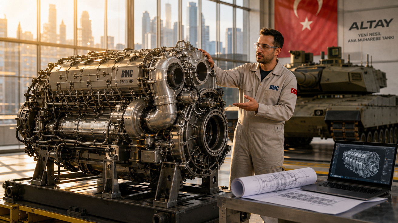 Engenheiro turco explica motor BMC 1500 HE em oficina com tanque e pranchetas ao fundo.