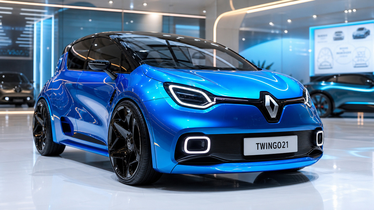 Carro elétrico Renault Twingo azul com design moderno em vitrine de showroom iluminado.