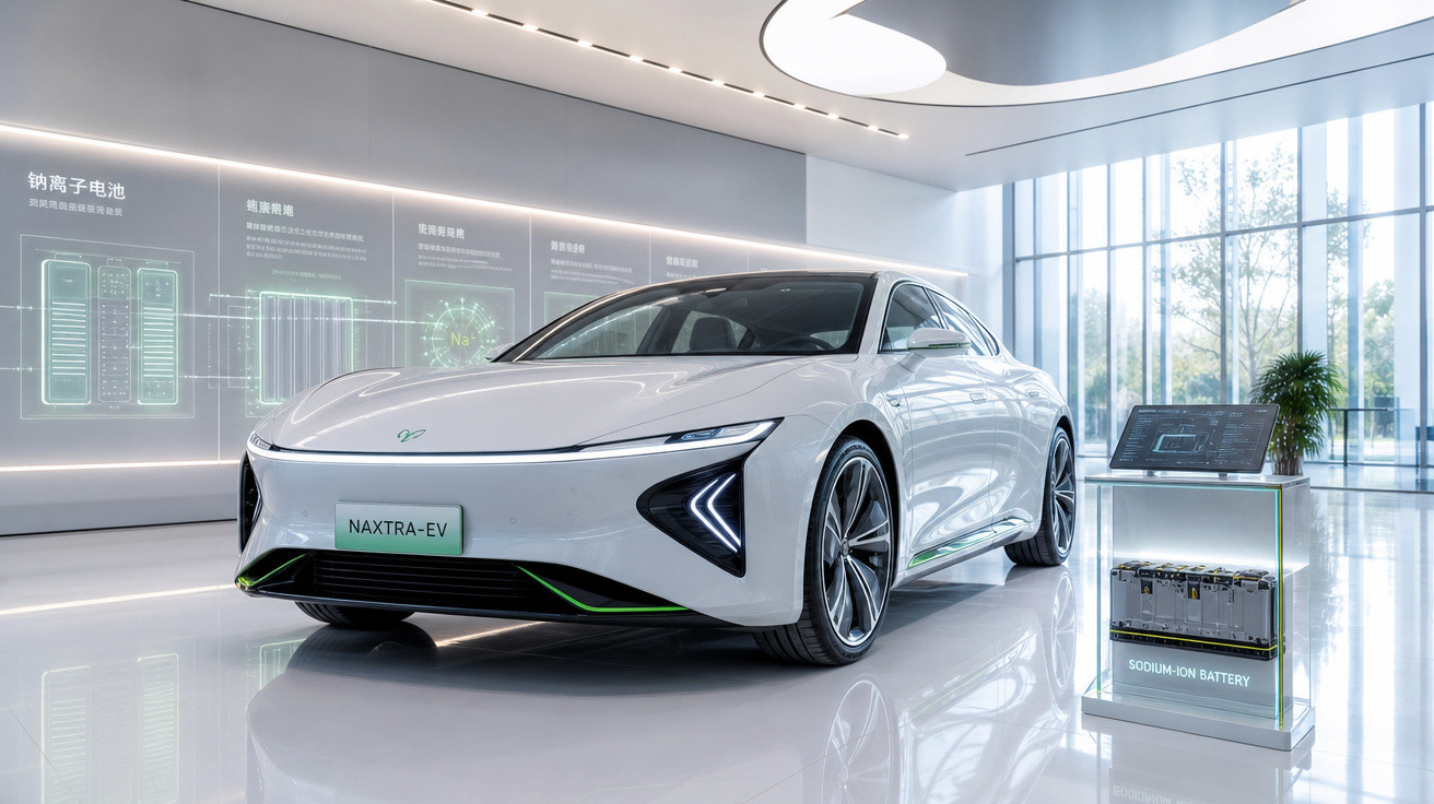 Carro elétrico branco moderno NAXTRA-EV em showroom futurista com bateria de íon de sódio exposta.