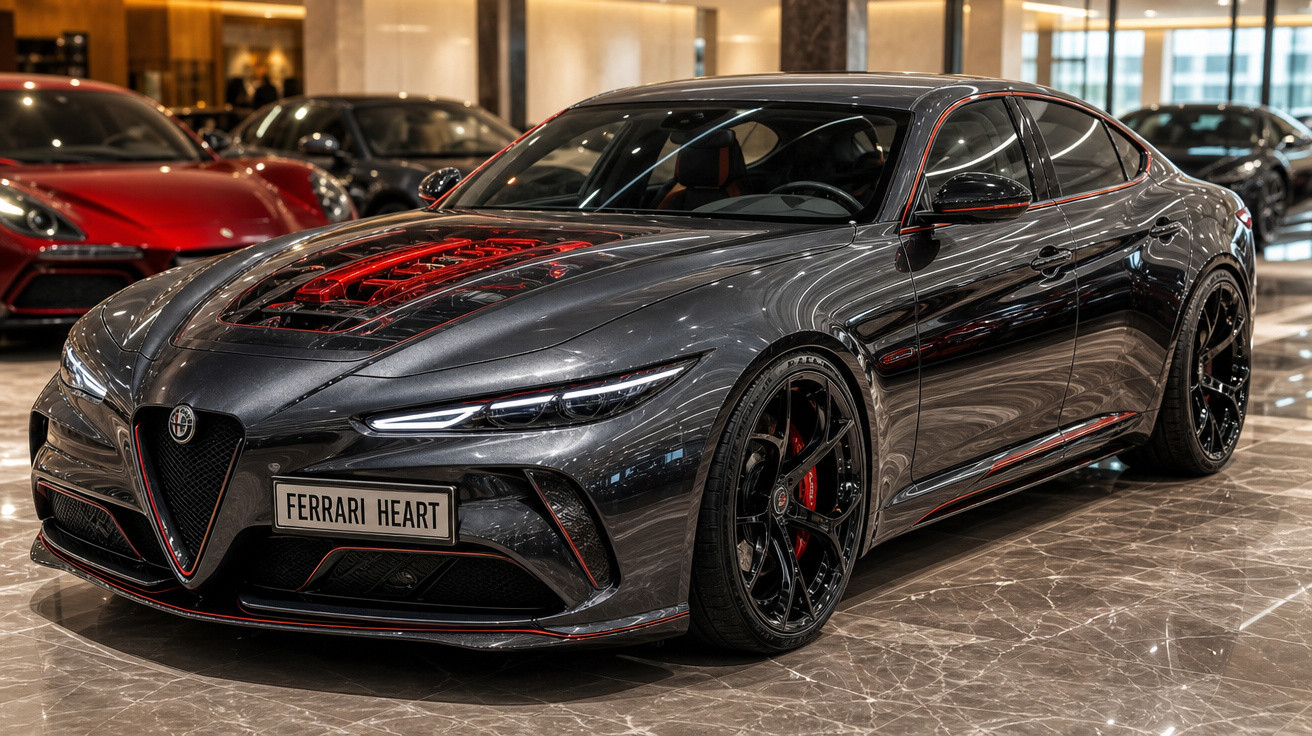 Carro esportivo Alfa Romeo cinza metálico com detalhes em vermelho em showroom luxuoso.