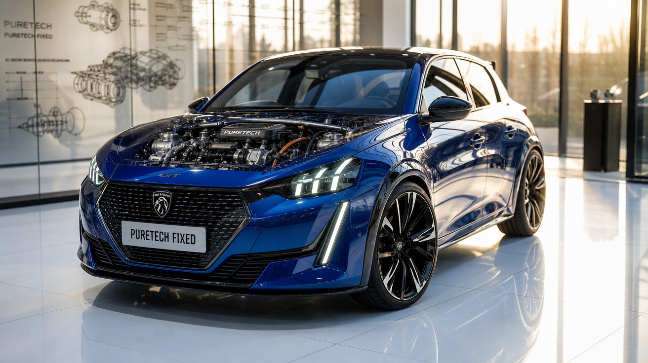 Carro azul Peugeot com motor exposto em exposição moderna com luz natural e piso branco brilhante.