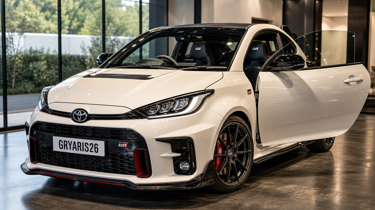 Carro esportivo Toyota GR Yaris branco com porta dianteira aberta em ambiente interno iluminado.