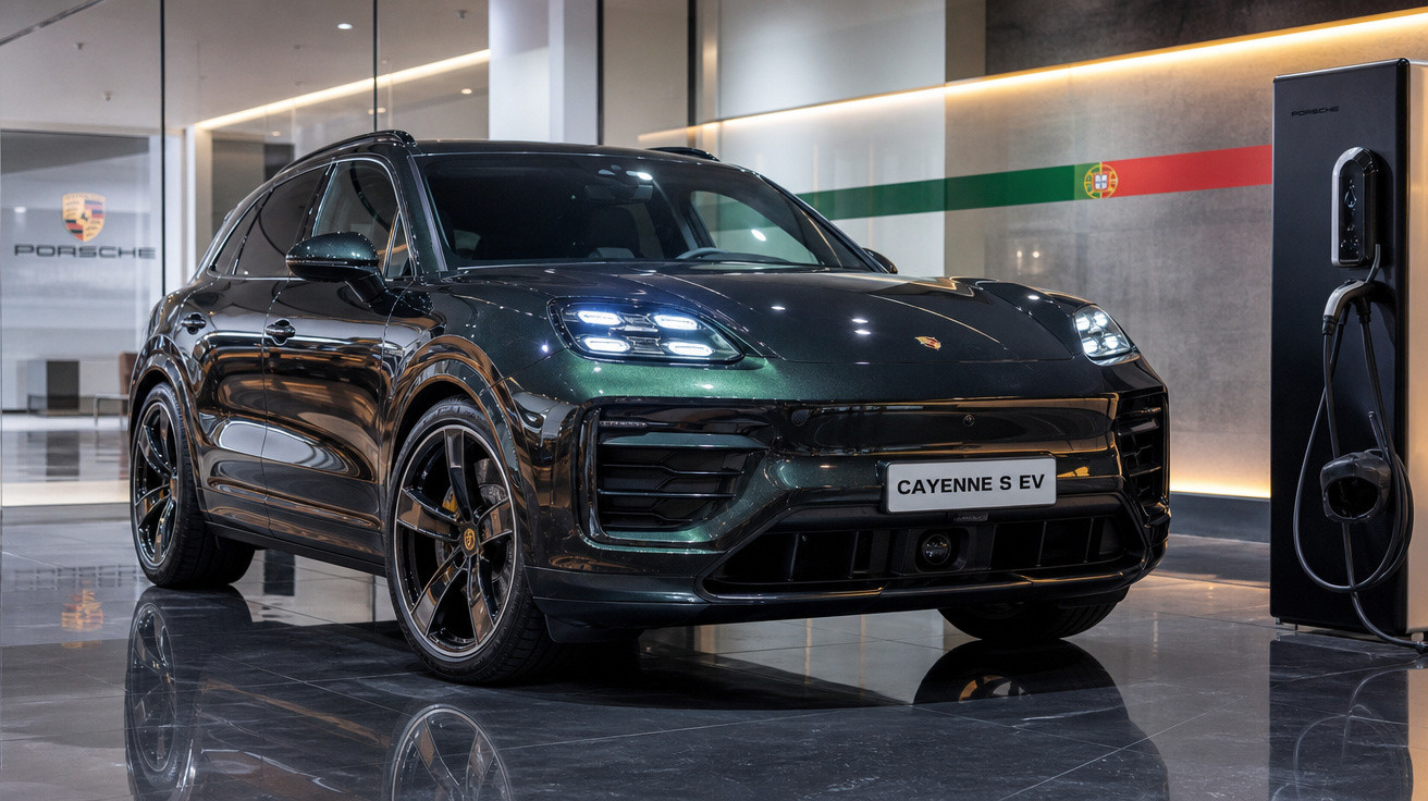 Carro elétrico Porsche Cayenne S EV preto em showroom moderno com estação de recarga ao lado.