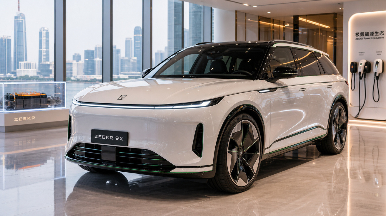 Carro elétrico branco Zeekr 9X exposto em showroom moderno com vista para prédios altos ao fundo.