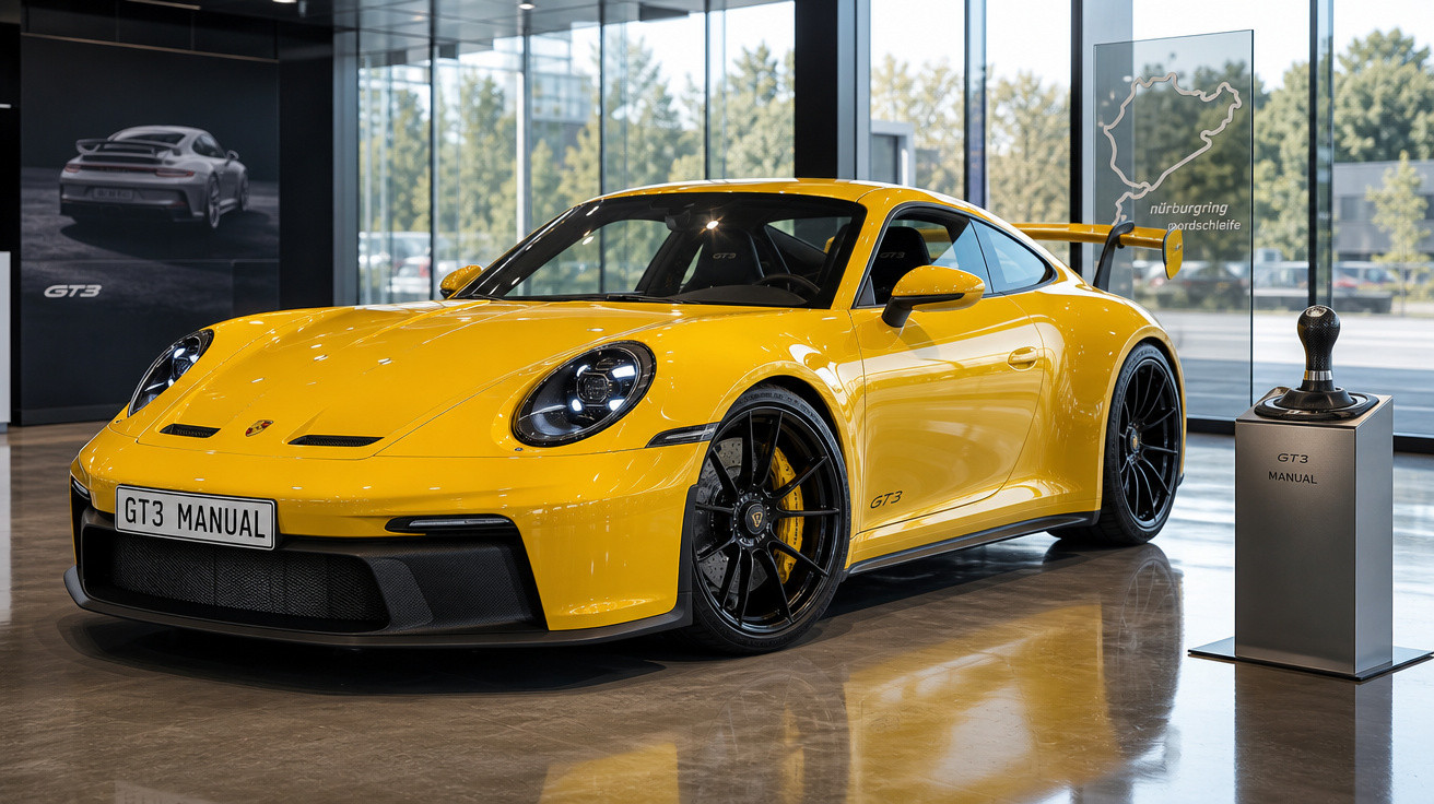 Carro esportivo amarelo Porsche GT3 Manual exposto em showroom moderno com grandes janelas.