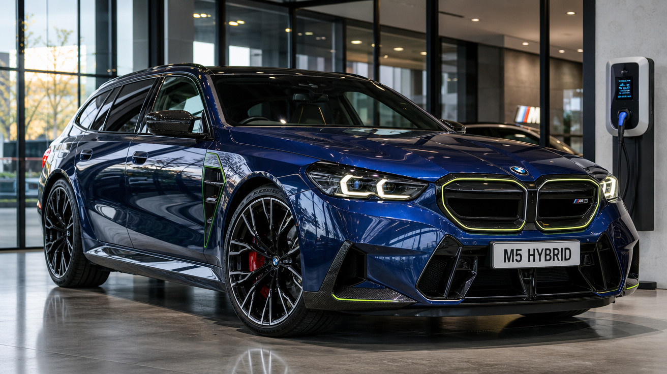 Carro elétrico esportivo BMW M5 Hybrid azul estacionado e conectado a carregador em showroom moderno.