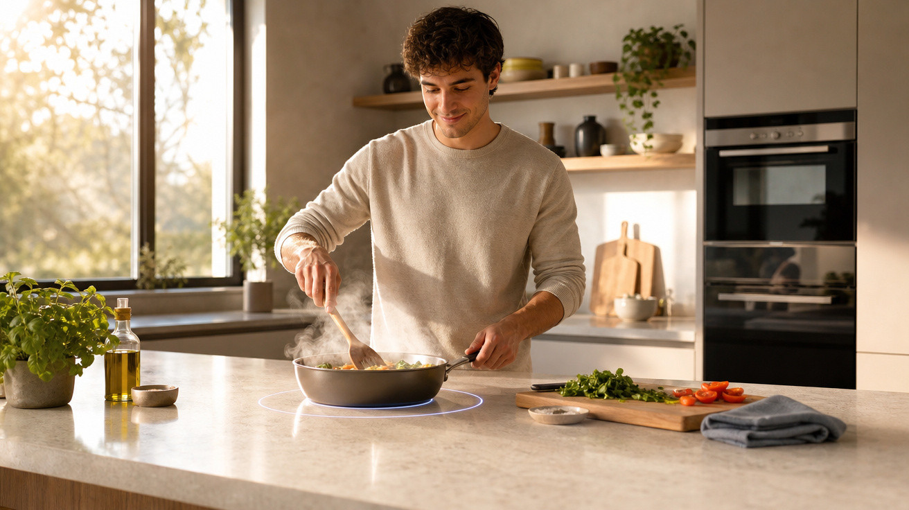 Homem sorridente cozinhando legumes em frigideira na cozinha moderna iluminada pela luz natural.