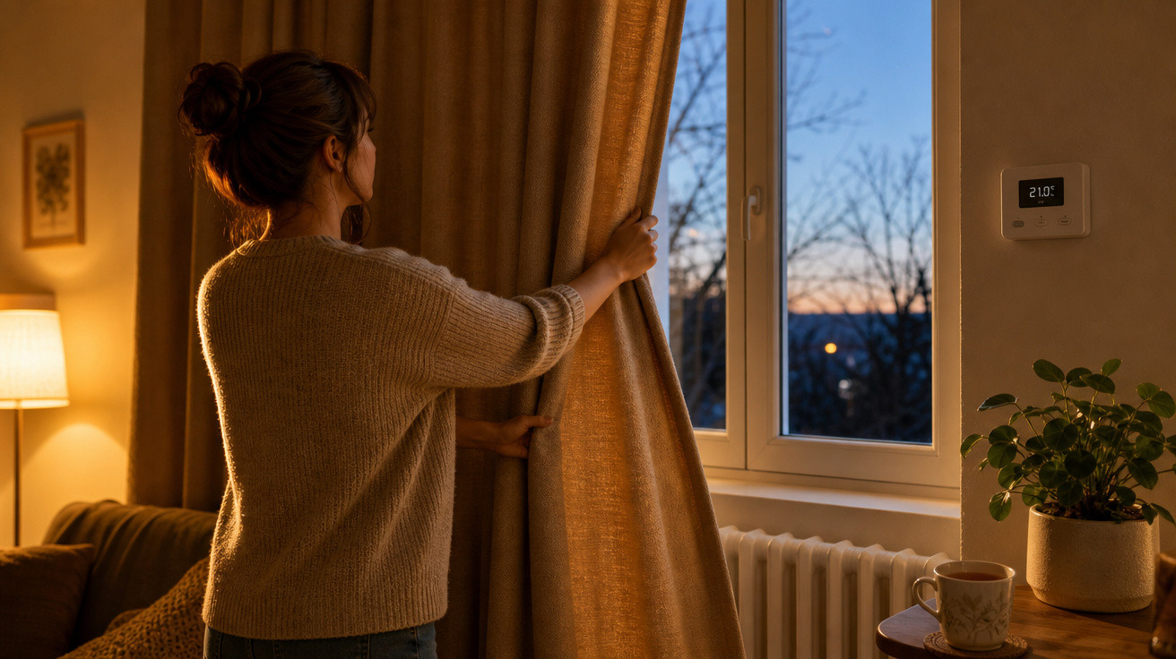Mulher abrindo cortina à noite em ambiente aconchegante com aquecedor e planta na sala.