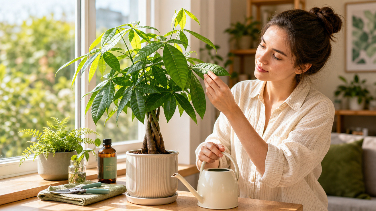 Mulher cuidando de planta em vaso sobre mesa próxima à janela iluminada por luz natural.