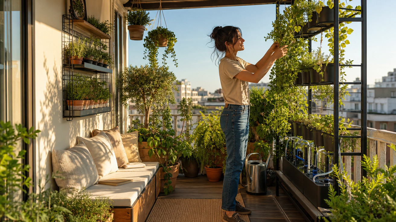 Mulher cuidando de plantas em varanda ensolarada com jardim vertical e decoração aconchegante.