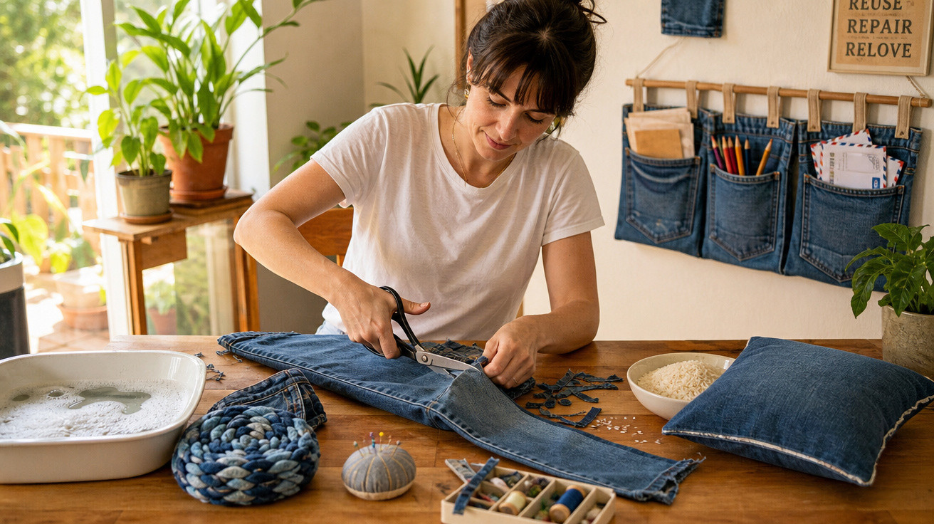 Mulher cortando jeans para artesanato em mesa com materiais de costura e plantas ao fundo.