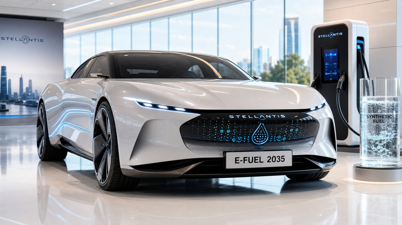 Carro elétrico branco futurista da Stellantis com placa E-FUEL 2035 em exposição interna moderna.