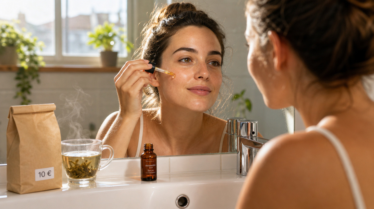 Mulher aplicando sérum facial no rosto em frente ao espelho, com chá e planta ao fundo.