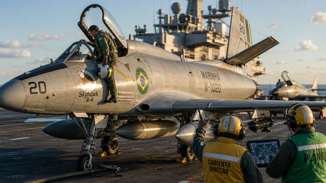 Piloto entrando em caça Skyhawk da Marinha do Brasil em porta-aviões, com equipe de terra ao fundo.