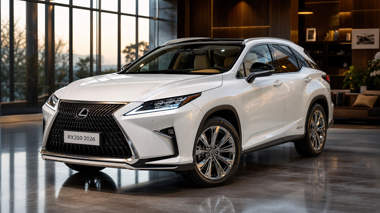 SUV branco Lexus RX350 2026 em ambiente interno com janelas de vidro e piso brilhante.