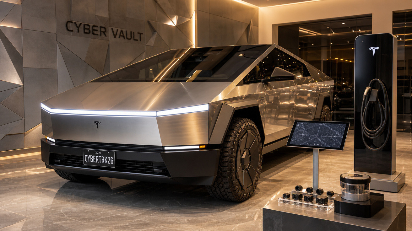 Tesla Cybertruck prata estacionado em showroom com carregador elétrico e visor digital ao lado.