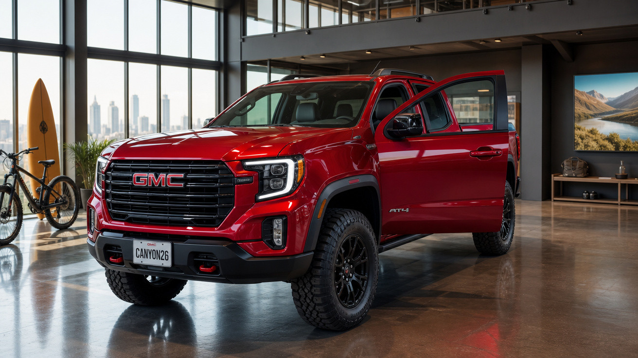 Picape vermelha GMC Canyon AT4 estacionada em ambiente moderno com porta dianteira aberta.