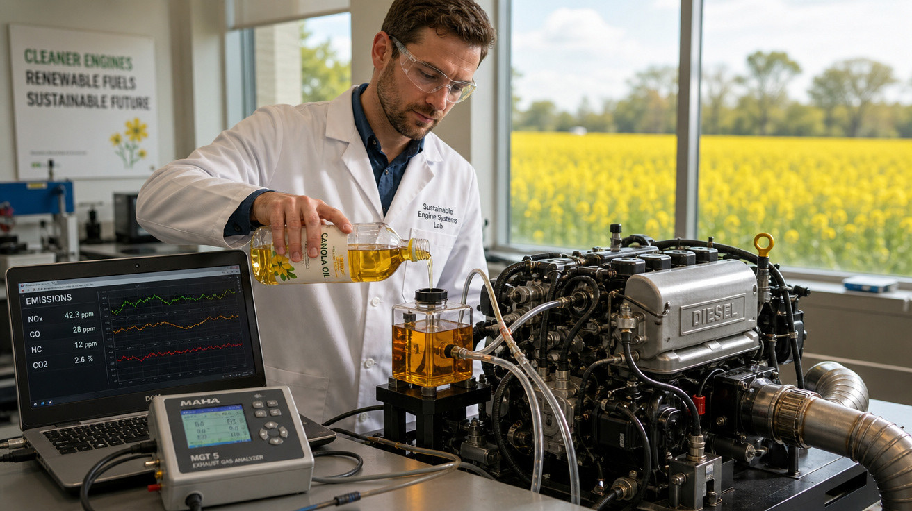 Homem com jaleco e óculos de proteção despeja óleo em motor diesel dentro de laboratório de energia sustentável.