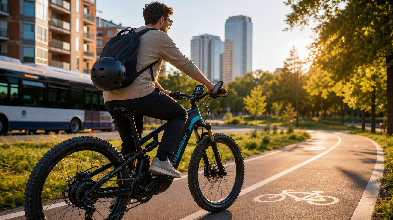 Homem pedalando bicicleta elétrica em ciclovia urbana ao entardecer com prédios e ônibus ao fundo.