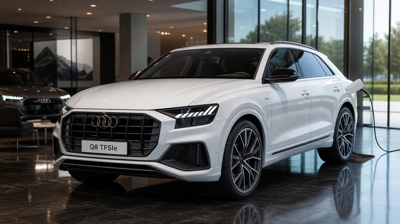 Audi Q8 TFSIe branco carregando em showroom moderno com piso de granito preto.