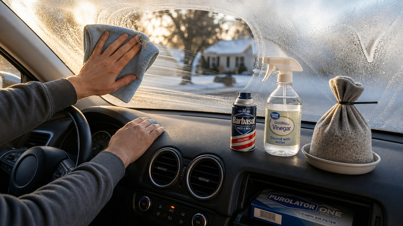 Pessoa limpando o para-brisa embaçado de um carro com pano, spray de vinagre e creme de barbear no painel.
