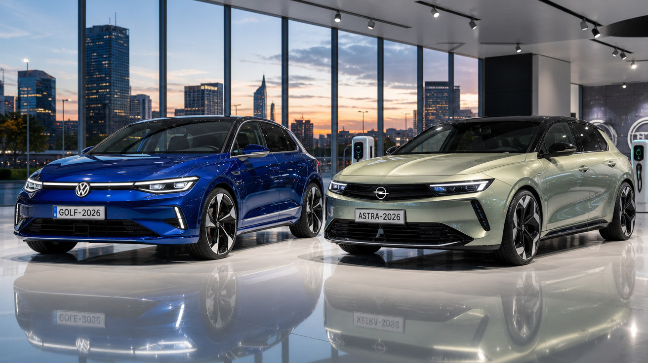 Dois carros elétricos 2026, Volkswagen Golf azul e Opel Astra cinza em showroom com vista urbana ao entardecer.