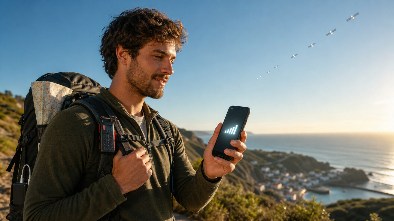 Homem com mochila sorrindo e segurando celular com sinal, em trilha com vista para o mar ao pôr do sol.