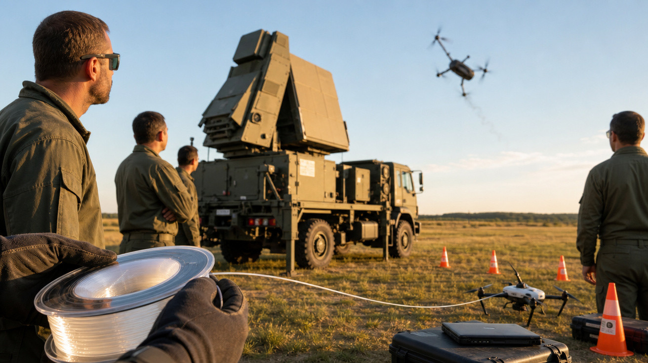 Militares operam equipamento de defesa aérea enquanto drone voa próximo a veículo militar em campo aberto.