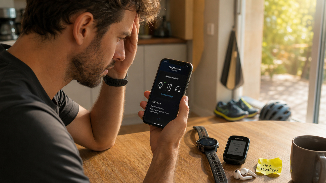 Homem preocupado olhando para celular com mensagem de dispositivo Garmin não conectado na mesa de madeira.