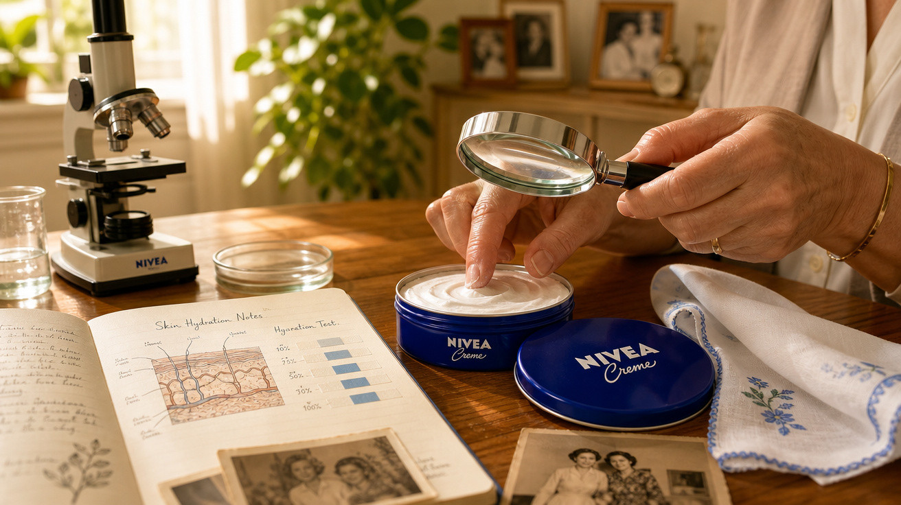 Mãos femininas pegando creme Nivea em pote azul sobre mesa com microscópio, livro aberto e fotos antigas.