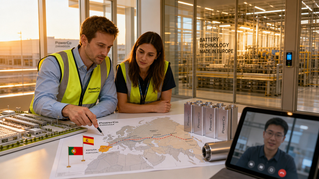 Dois engenheiros revisam mapa da Europa em mesa com baterias e vídeo chamada em fundo industrial.
