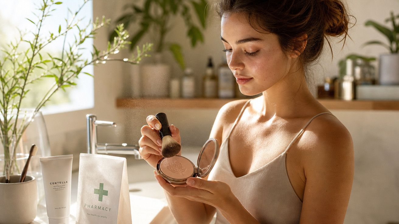 Mulher aplicando pó facial com pincel em banheiro iluminado por luz natural.