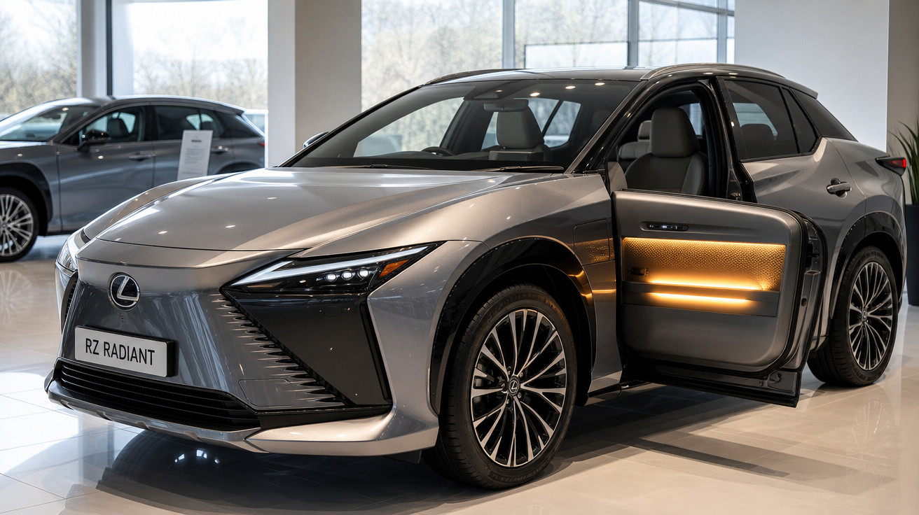 Carro Lexus RZ Radiant prata com porta dianteira aberta exibindo iluminação interna em showroom.