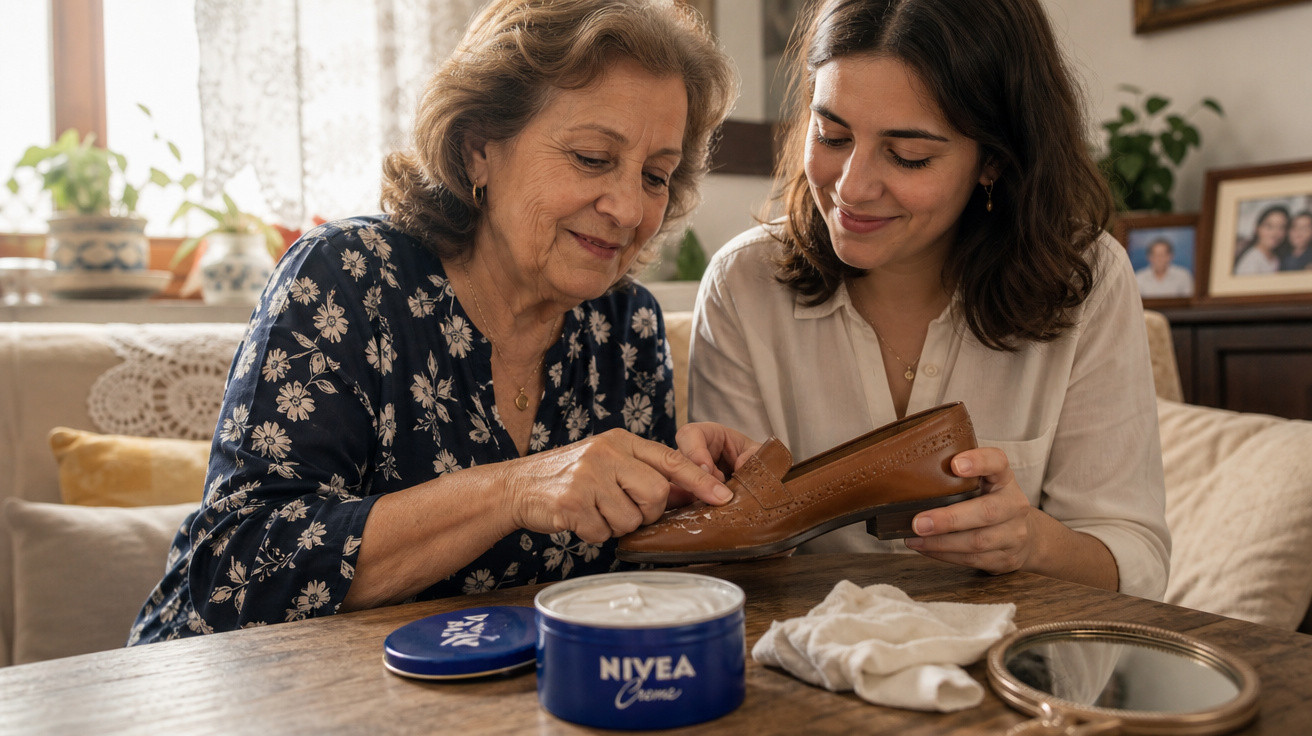 Mulher mais velha ajuda mulher jovem a limpar sapato marrom usando creme Nivea em casa.