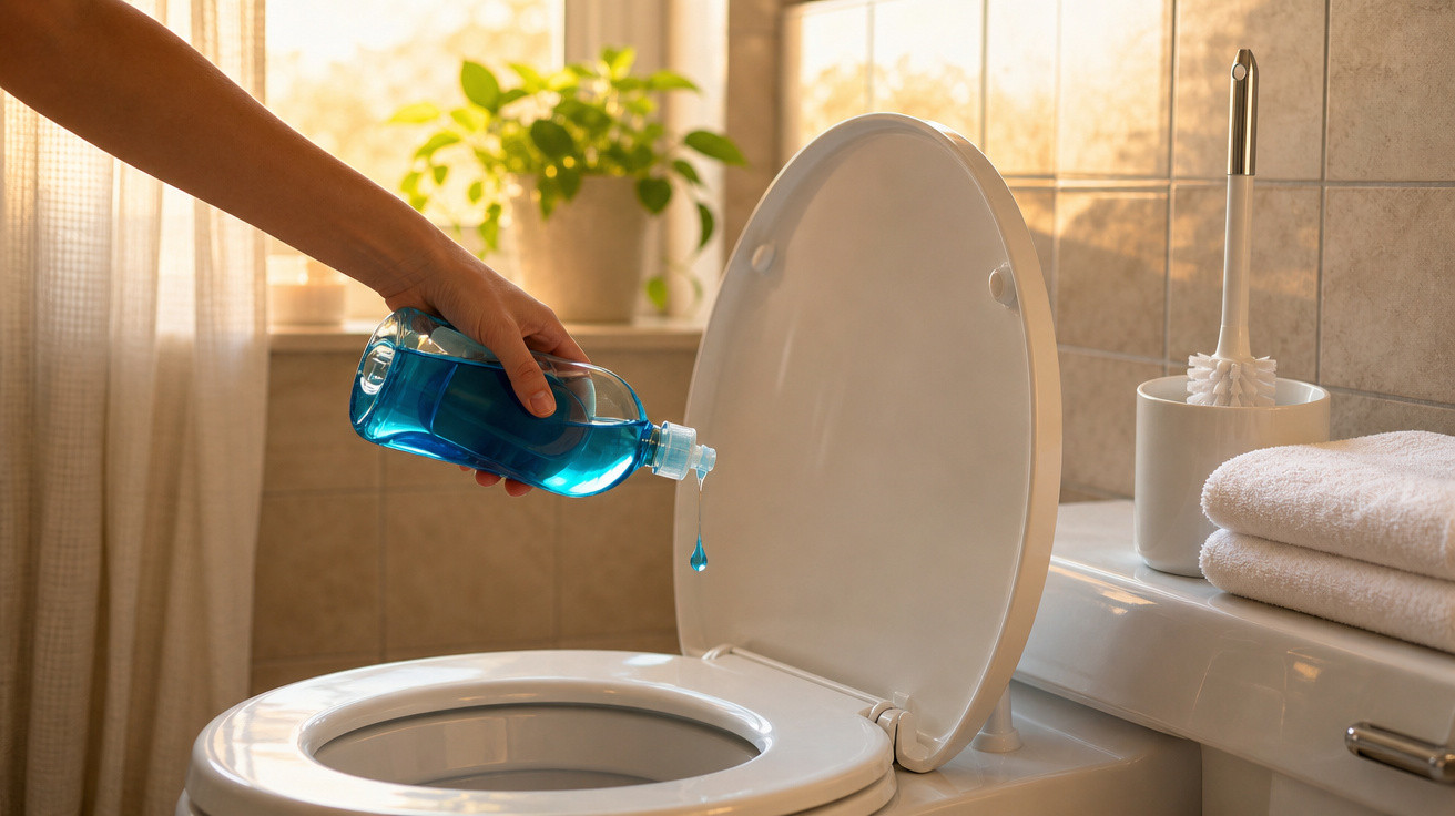 Pessoa despejando limpador azul no vaso sanitário branco em banheiro iluminado e organizado.
