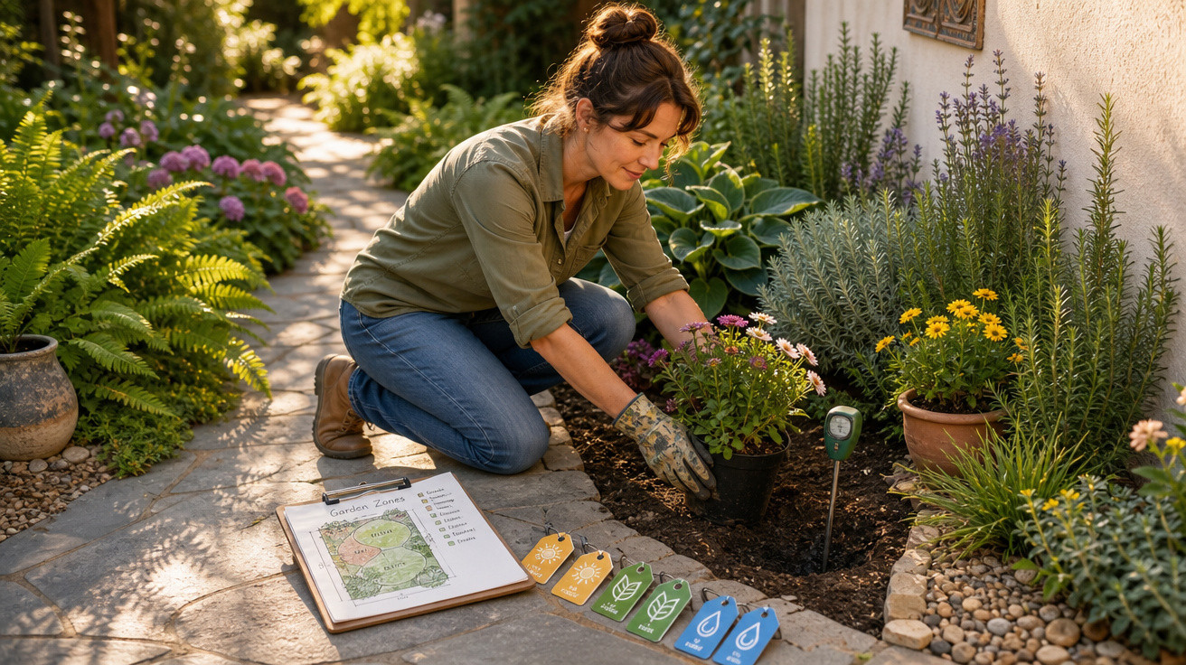 Mulher plantando flores em jardim, com luvas, perto de etiquetas e plano de jardinagem sobre o chão.