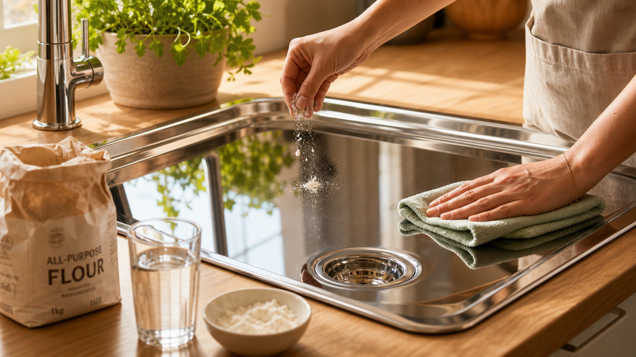 Pessoa limpando pia de cozinha de aço inox com pano e retirando sujeira com farinha e vidro d'água ao lado.