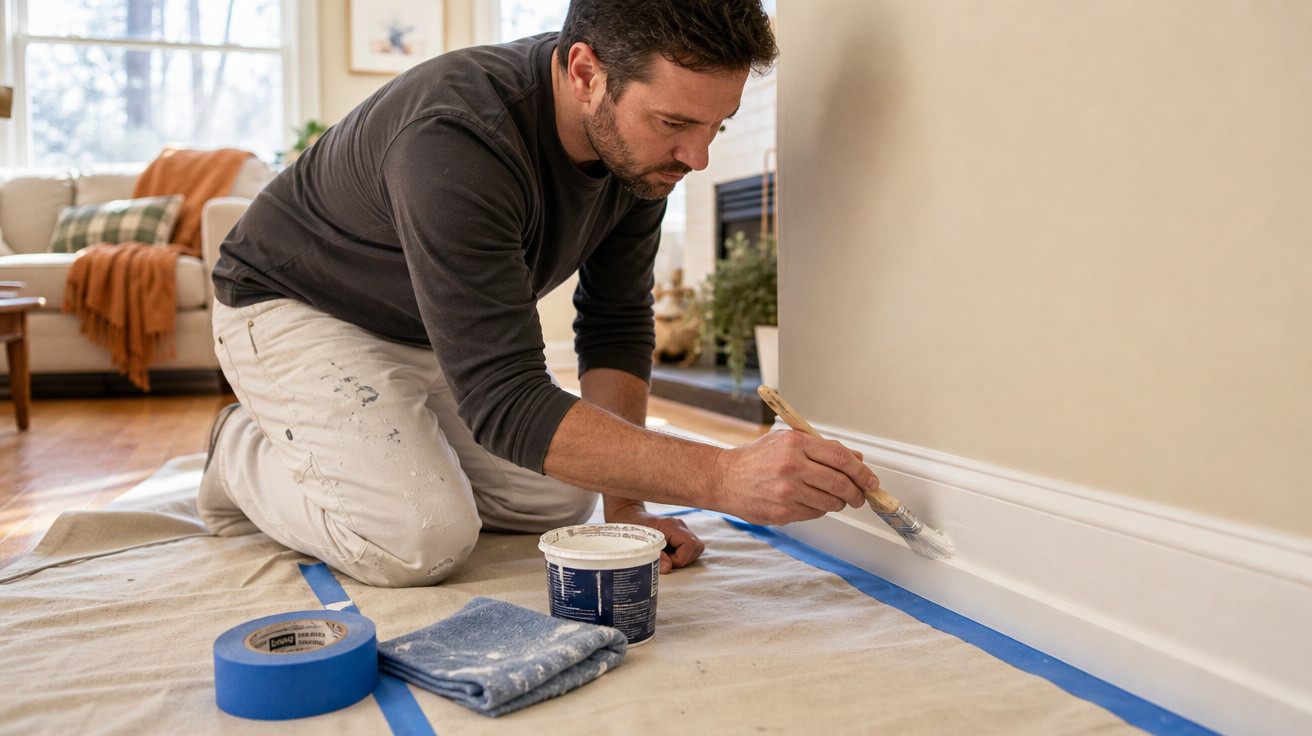 Homem ajoelhado pintando o rodapé branco em uma sala com piso de madeira.
