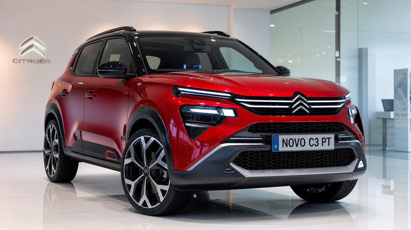 SUV Citroën Novo C3 PT vermelho com teto preto em showroom moderno e iluminado.