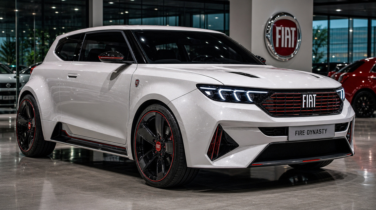 Carro branco esportivo Fiat Fire Dynasty em showroom, com detalhes pretos e vermelhos, rodas grandes e faróis modernos.